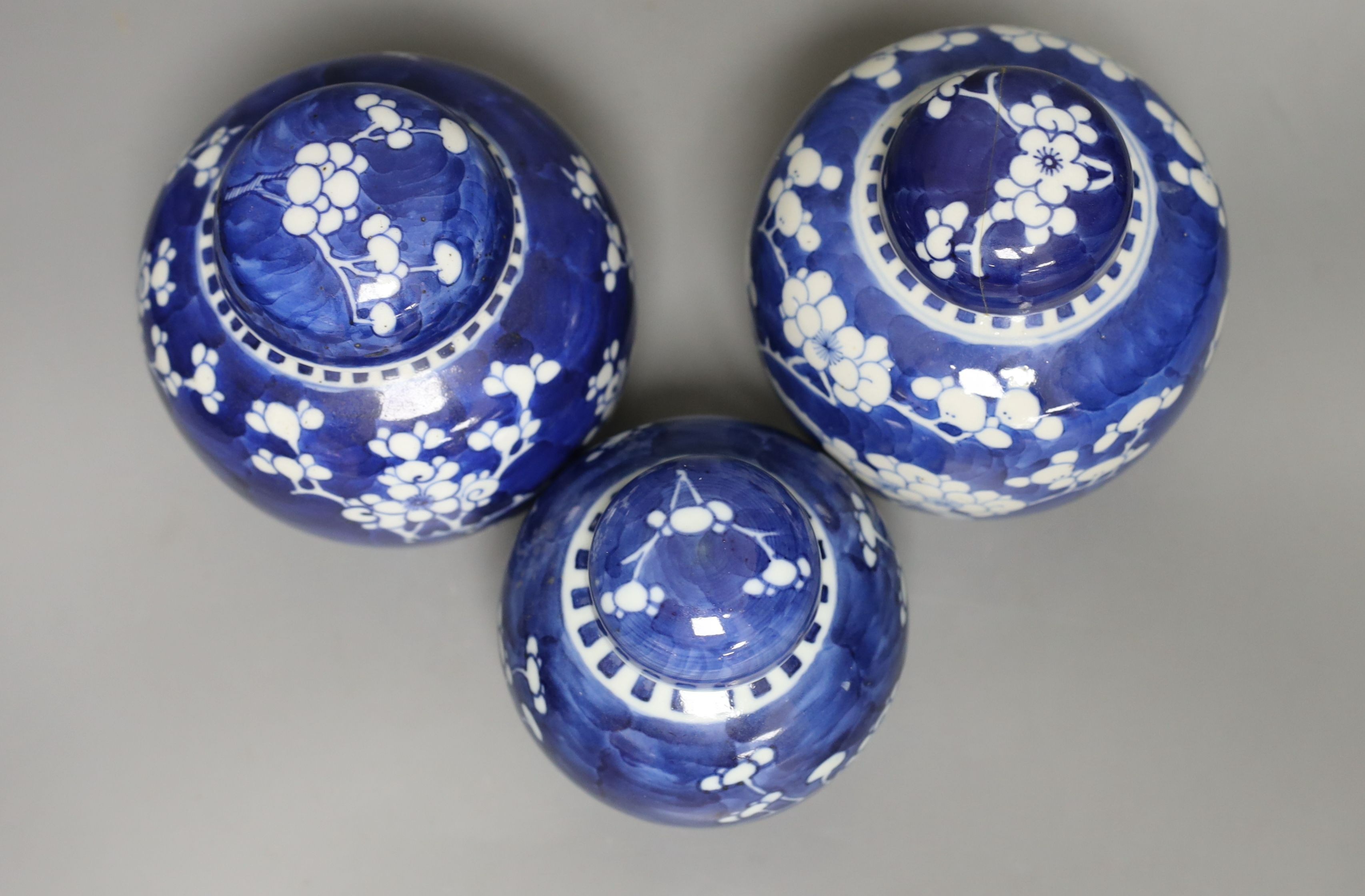 Three 19th century graduated Chinese blue and white ginger jars and covers